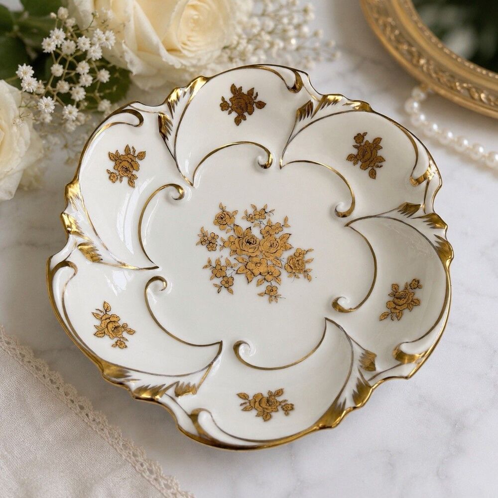 Vintage JLMENAU Graf von Henneberg East Germany Gold Floral Trinket Dish 5.5”